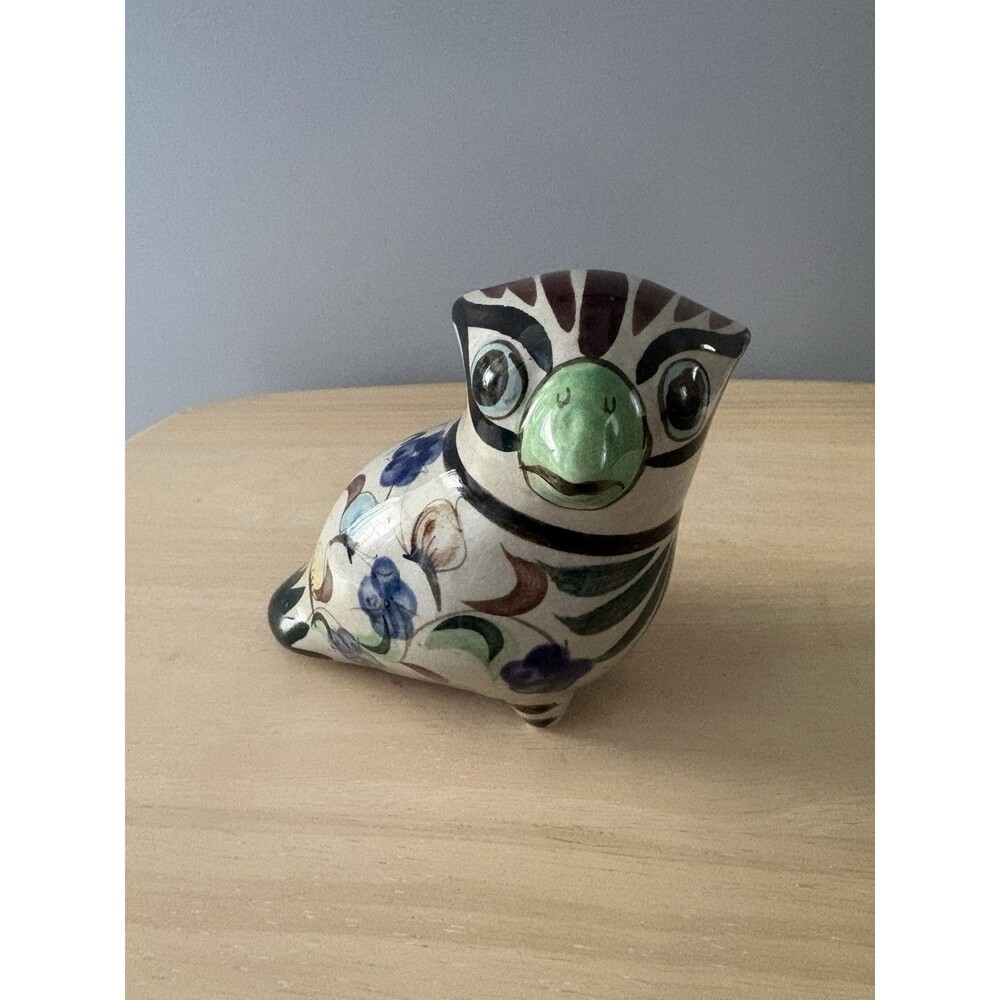 Vintage Mexico Tonala Pottery Art Hand Painted Figurine Cat Bird Butterfly